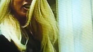 Big Boobed blonde lays on a desk and gets her cunt licked by babe blonde
