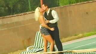 Hungry blonde skank ride dick on the tennis court like a real cowgirl
