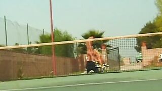 Hungry blonde skank ride dick on the tennis court like a real cowgirl