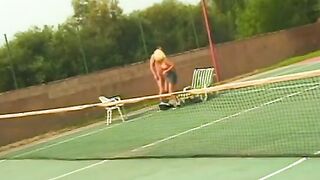 Hungry blonde skank ride dick on the tennis court like a real cowgirl