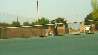 Hungry blonde skank ride dick on the tennis court like a real cowgirl