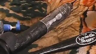 Dirty beauty shoves a big wooden pole inside her fuckhole