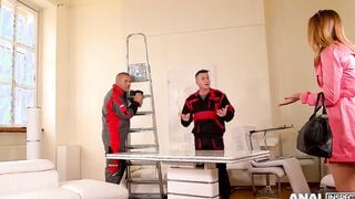 Anal inspectors deliver new desk to Ani Blackfox and double penetrate her