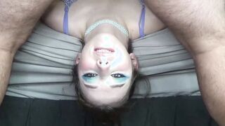 Incredible 18 Gets Messy inside Intense Deep Throat Off the Bed Facefuck with Bj Slamming Throatpie