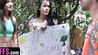 BFFS - 3 Amazingly Hot 19 Year Old End Up Their Save The Earth Nude Protest Sucking Off A Worker's