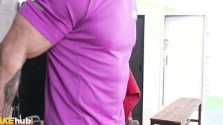 FAKEhub - Cutie young Bae addicted to orgasms squirts on gym bros towel and gets a cummed