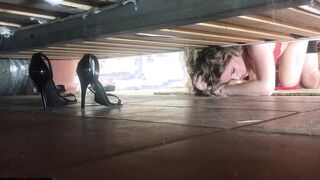 Stepmom stuck under the bed gets cumshot from stepson