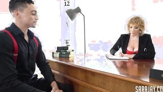 Big Tit mom Sara Jay Tastes Xavier Aries' Thick Cum inside Her Office!