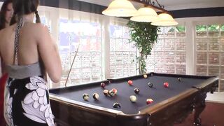 Teaching the cue stick holding technique ends up with the lesbo MILF using her toy on
