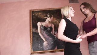 With the hubby gone the blonde has an affair with her dark hair lesbo and her double
