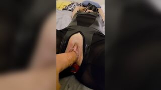 Double penetration with sex toy, catsuit, ball gag and scuba mask