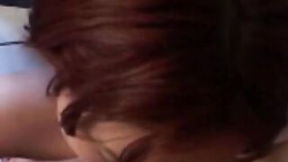 Cutie red head Beauty has sex with 2 men next to zebra pattern pillow