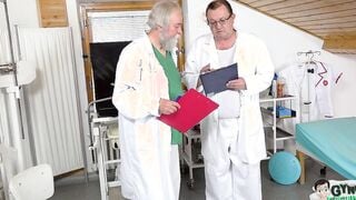 2 pervy doctors make young Bella Angel cum like dirty inside gyno chair