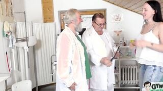 2 pervy doctors make young Bella Angel cum like dirty inside gyno chair