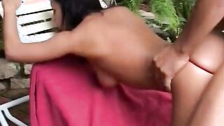 Cutie lady ride penis inside the backyard