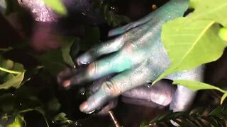 He stroked his dick inside a slimy pink bath-tub swamp and then I gently felt his penis and nuts and finger fuck his asshole until he came.