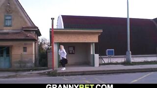 bushy 80 years mature blonde picked up for huge penis rides