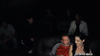 Slender Dark Haired Bimbo Gangfucks Theater!
