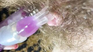 Bunny dildo test masturbation pov closeup erected huge clitoris soak orgasm unshaved cunt