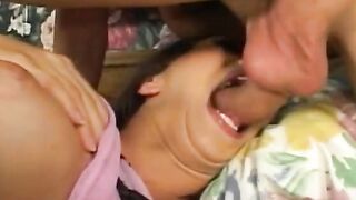 Super young sweet perky tit dark hair has all her holes offended by huge penis