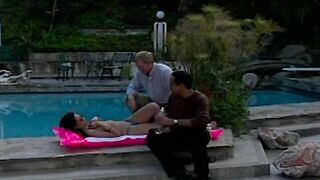 Beauty dark haired fucks with landlord and GF into three-way