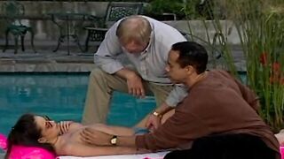 Beauty dark haired fucks with landlord and GF into three-way