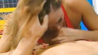Freaky dark hair fucks penis with her breasts into the locker room