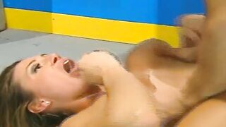 Freaky dark hair fucks penis with her breasts into the locker room