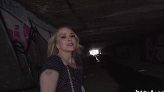 Outdoor Agent Vulgar blonde flasher gets her vagina creampied into a tunnel