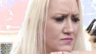 Big Tit old blonde dyke is frustrated but then her blonde mistress satisfies her on the kitchen