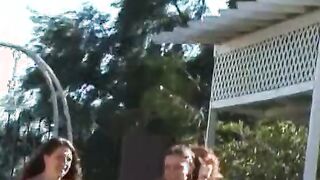 Tasty furious and Goddess lesbo 3some near the pool outdoors