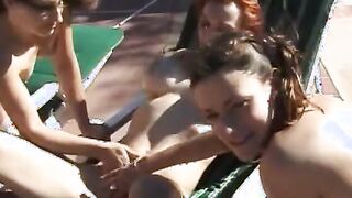 Tasty furious and Goddess lesbo 3some near the pool outdoors