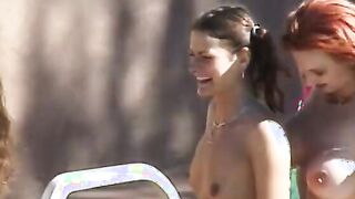 Tasty furious and Goddess lesbo 3some near the pool outdoors