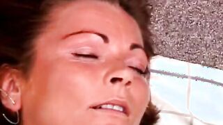 Old dark haired blows bro's penis while he fucks her wide-open snatch with sex toy