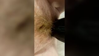 Unshaved Red Head Fiance Fucks Herself with three LONG Vibrators Creamy Cunt