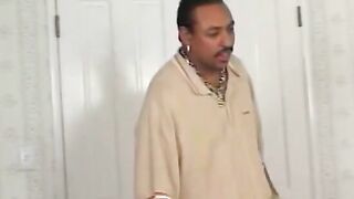 Interracial Dick blowing dark hair gets booty and pussy banged!