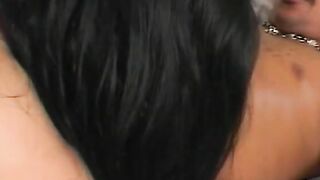 Interracial Dick blowing dark hair gets booty and pussy banged!