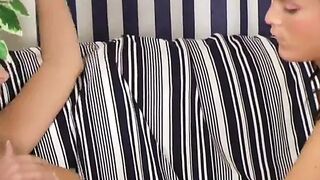 Goddess teens lesbians experiment with each other, a toy on the sofa