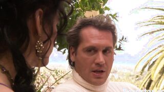 Cutie Dark Hair Natural Boobs women Jezebelle Bond Into A Corset Fucks Hardcore Outdooors
