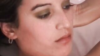 Dude with a huge rod fucks the mouth of this dark haired skank with nice jugs