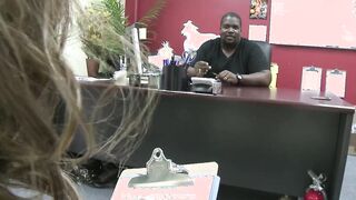 Natural hooters Victoria Lawson gets nailed into the office