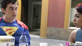 She gets rescued by the PORN SUPERMAN: She sucks her penis into exchange!