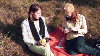 Who slides a huge strap on sex toy into the picnic bag before going outdoor for some