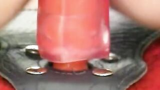 Blonde women have wild dyke sex drilling each other with a strap on on lawn
