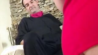 Crazy blonde with Hot jugs and red dress gets screwed inside living room