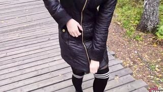 Walking with my stepsister inside the forest park. Sex blog, Live scene. - pov