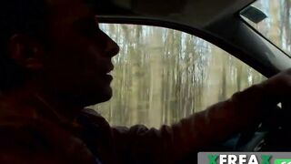 Ukrainian hitch hiker Lina Arian gets picked up by a african bro into a vehicle and then deep throats on his huge african dick