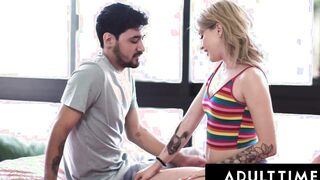 ADULT TIME - Tatted Eighteen Lola Fae TRIES TO BE QUIET While SQUIRTING On Huge Penis During Sneaky Sex