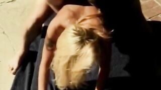 hot blonde with inked arm and gets big rough penis down her throat
