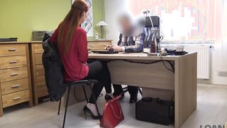 LOAN4K. Red Haired with huge breasts is rammed by the lender inside his office